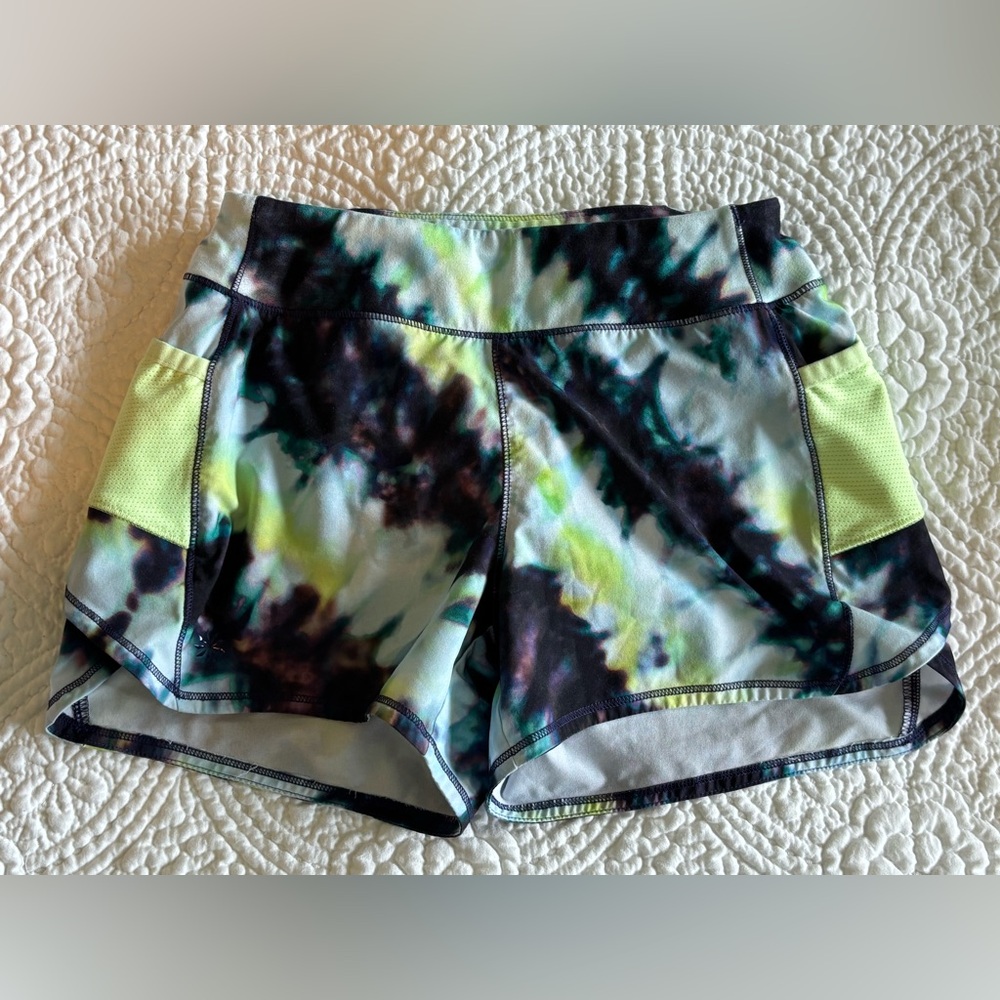 Athleta Green and Blue Workout Shorts with Tie-Dye Design
